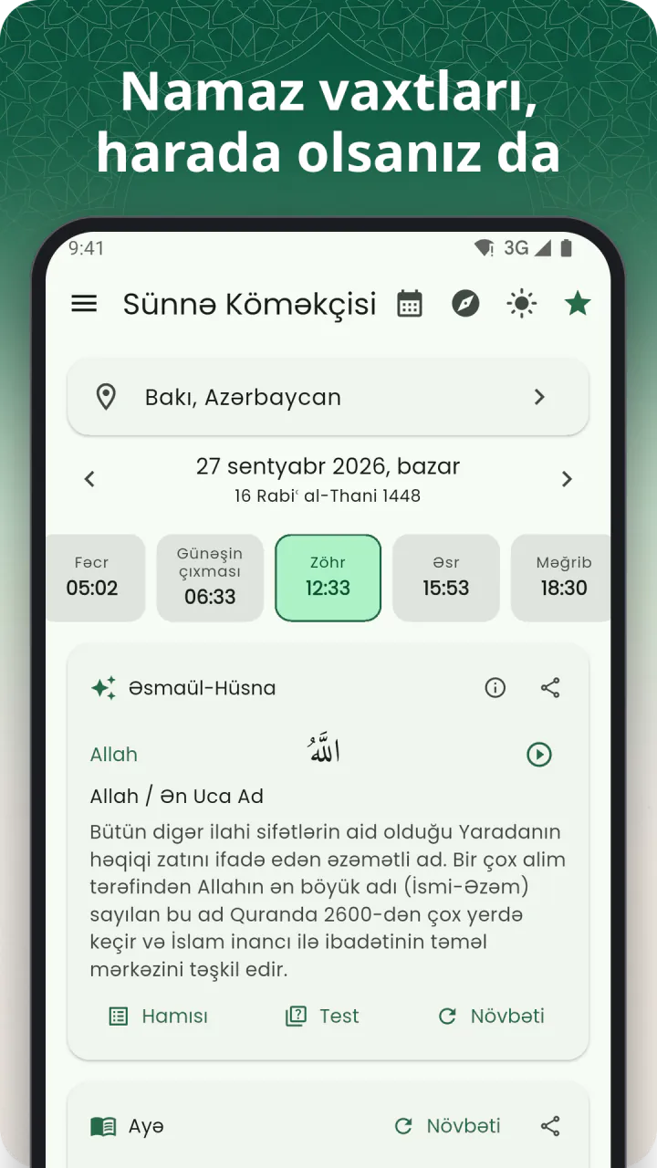 “Namaz vaxtları, harada olsanız da” başlığı altında: ana ekran — Məkkənin bugünkü namaz vaxtları, Əsr seçilmiş halda və günün ayəsi