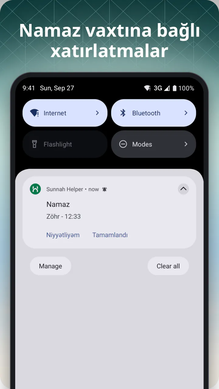 “Namaz vaxtına bağlı xatırlatmalar” başlığı altında: Android bildiriş panelində namaz xatırlatması — Niyyətliyəm və Hazırdır düymələri ilə