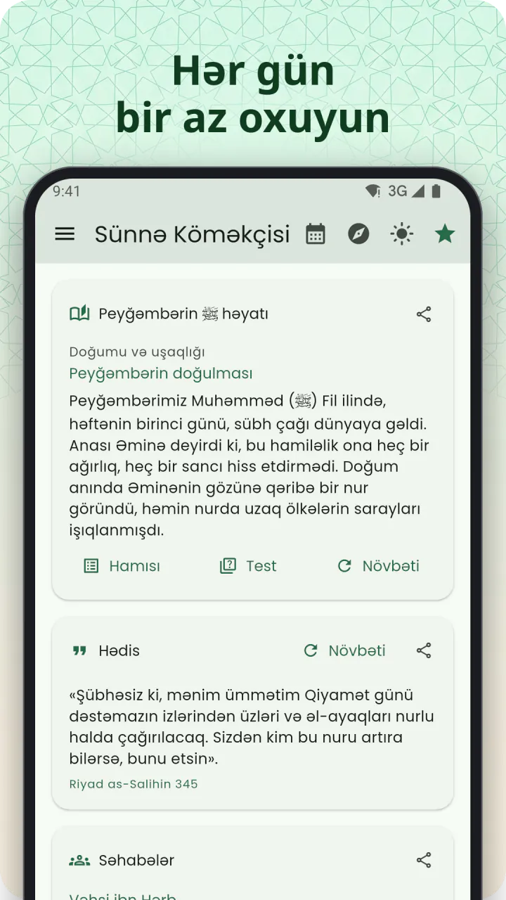 “Hər gün oxumaq üçün bir az” başlığının altında: Peyğəmbərin ﷺ həyatı kartına qədər sürüşdürülmüş Ana səhifə, aşağıda hədis və Səhabələr kartları