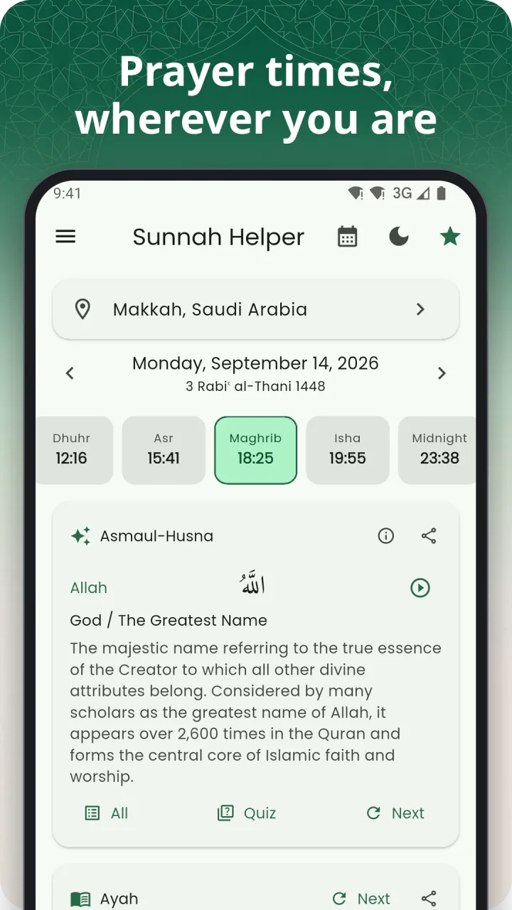 Under the headline “Prayer times, wherever you are”: the Home screen with today's prayer times in Makkah, Asr highlighted, and the ayah of the day