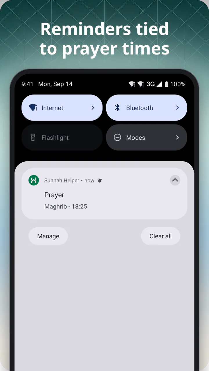 Under the headline “Reminders tied to prayer times”: a prayer reminder notification in the Android shade, with Willing to do and Done actions