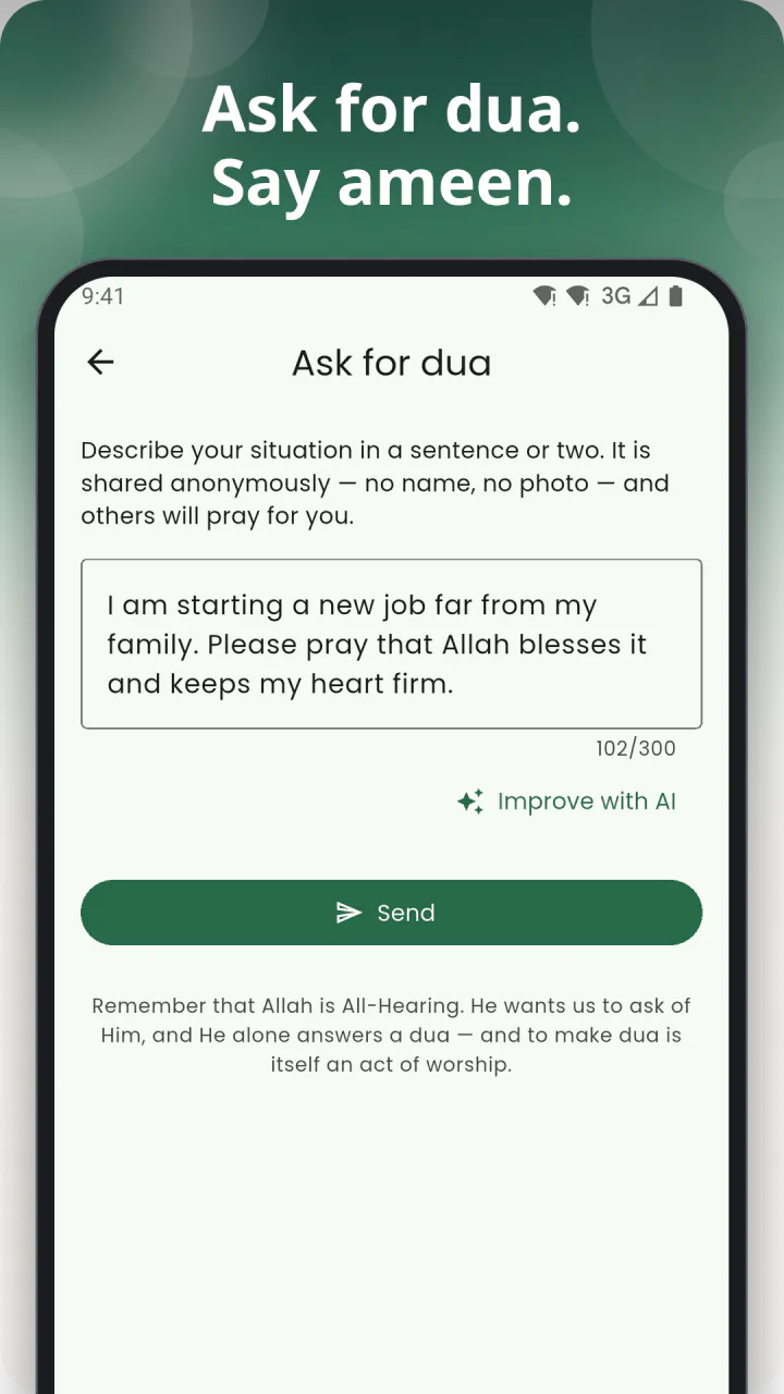 Under the headline “Ask for dua. Say ameen.”: the Ask for dua form, with a request written in your own words, the Improve with AI button and Send below it, and the closing reminder that Allah is All-Hearing and that making dua is itself an act of worship