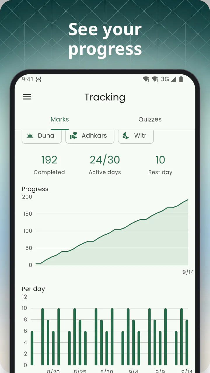 Under the headline “See your progress”: the Tracking screen with completed reminders, active days and the month's progress line