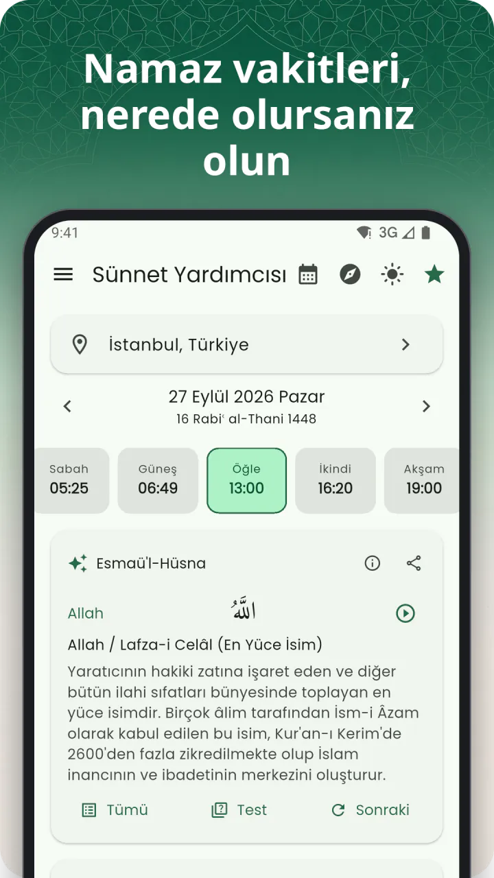 “Namaz vakitleri, nerede olursanız olun” başlığı altında: Ana Sayfa ekranı — Mekke'nin bugünkü namaz vakitleri, İkindi vurgulanmış hâlde, ve günün ayeti