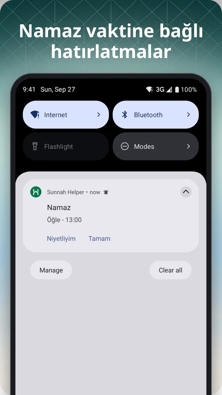 “Namaz vaktine bağlı hatırlatmalar” başlığı altında: Android bildirim panelinde bir namaz hatırlatması — Niyetliyim ve Tamam eylemleriyle
