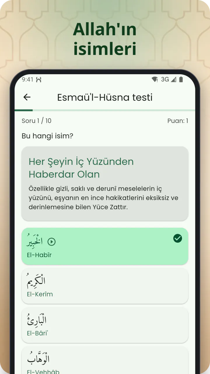 “Esmaü'l-Hüsna” başlığı altında: doğru cevabı açılmış bir isim testi