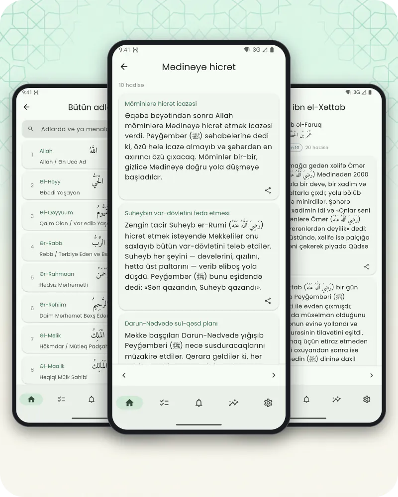Üç telefon ekranı: qiraətlərlə Allahın adları siyahısı, hadisə-hadisə nəql olunan Peyğəmbərin ﷺ həyatı fəsli və səhabənin həyatından bir hekayə
