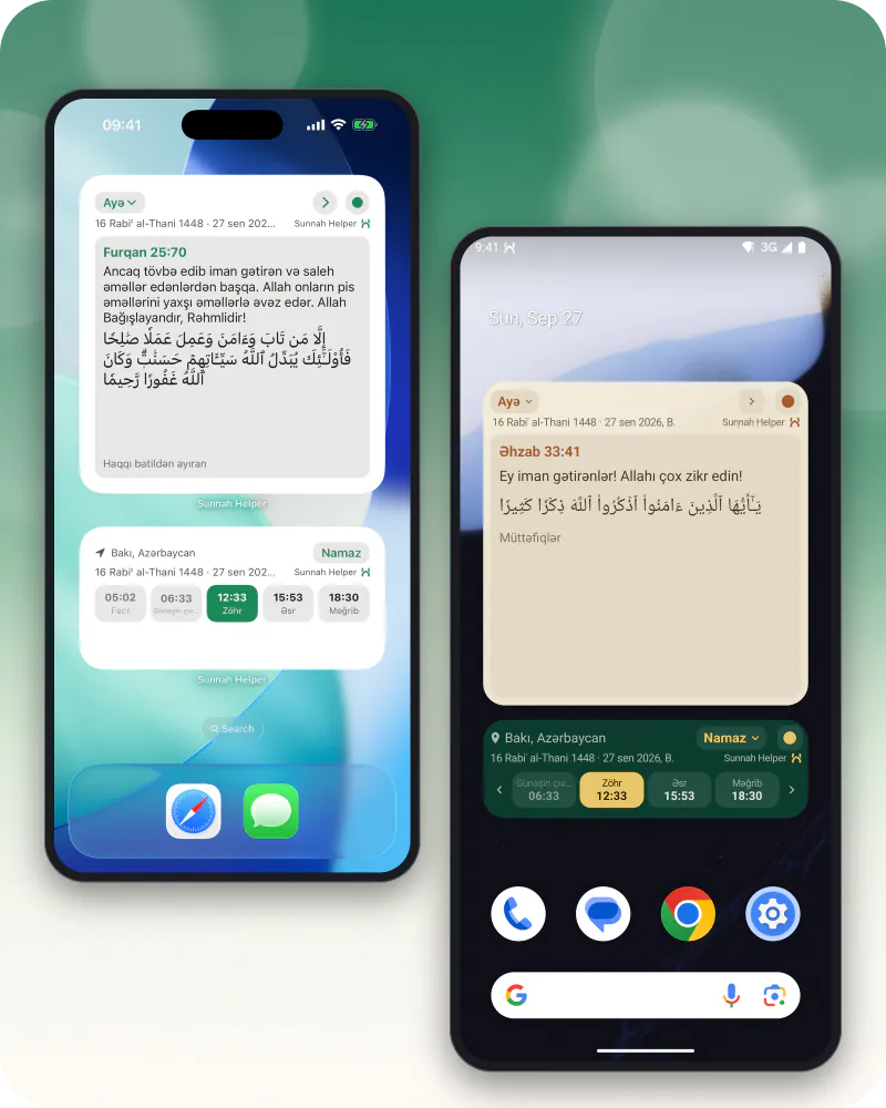 Bir Android və bir iPhone ana ekranı, hər birində Sünnə Köməkçisinin vidcetləri: növbəti xatırlatmalar və gündəlik ayə kartı