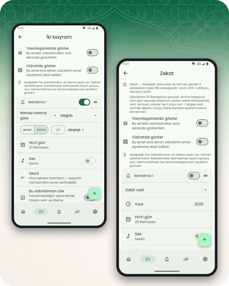 İki telefon ekranı: qeydi və 20 Ramazana qurulmuş bir xatırlatması ilə Zəkat əməli, fitrə zəkatı, Ramazan və Qurban bayramları üçün xatırlatmaları ilə İki bayram əməli