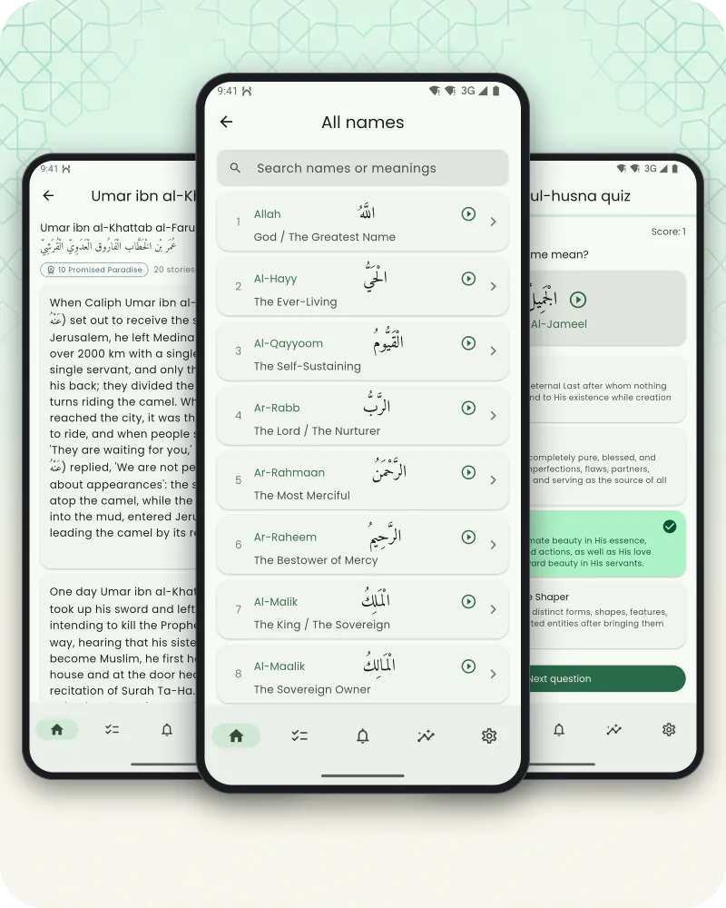 Three phone screens: the list of the Names of Allah with recitations, a story from a companion's life, and a names quiz with the correct answer revealed