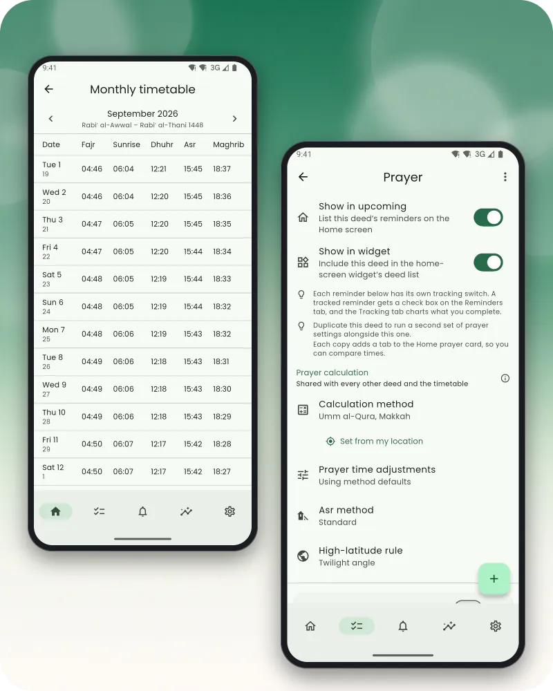 Two phone screens: the monthly prayer timetable for Makkah, and the Prayer deed's settings with the Umm al-Qura calculation method, Asr method and high-latitude rule
