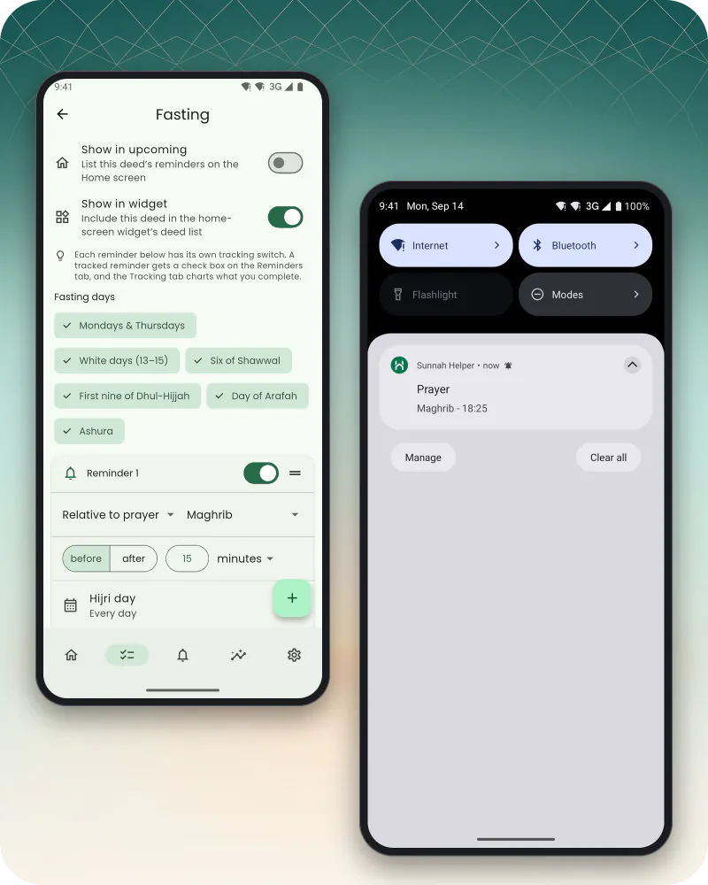 Two phone screens: a Sunnah reminder notification with Willing to do and Done actions, and the Fasting deed's reminder editor with the fasting days and two reminder rules