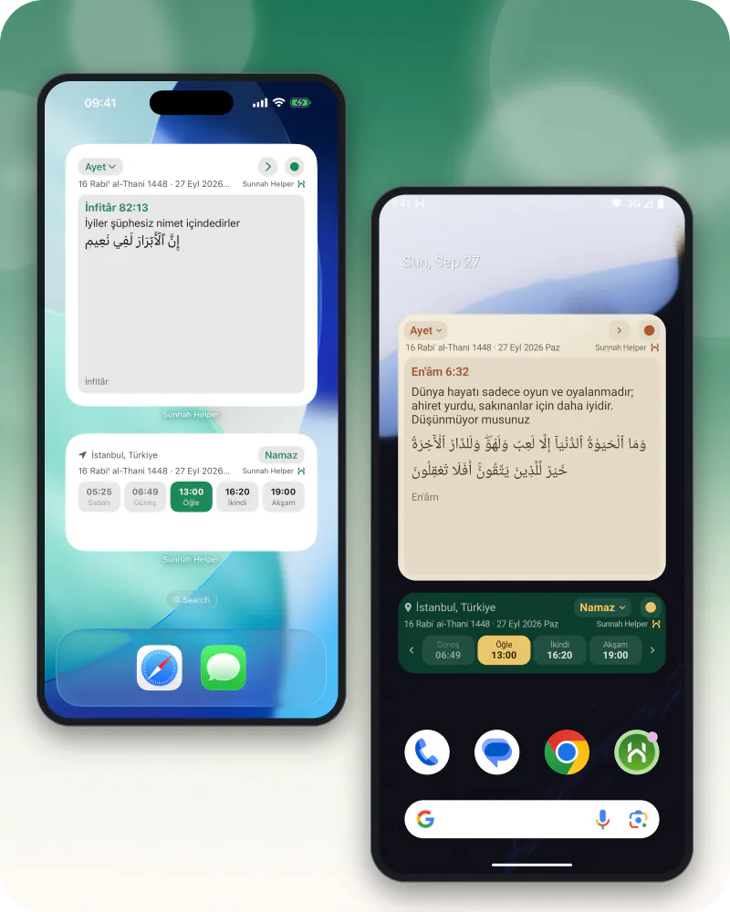 Bir Android ve bir iPhone ana ekranı, her birinde Sünnet Yardımcısı widget'ları: sıradaki hatırlatmalar ve günlük ayet kartı