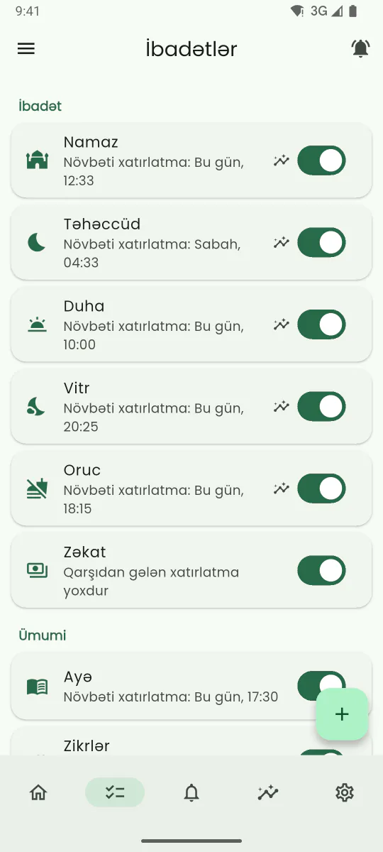 Xatırlatmaya çevirə biləcəyiniz sünnə ibadətlərinin siyahısını göstərən İbadətlər ekranı