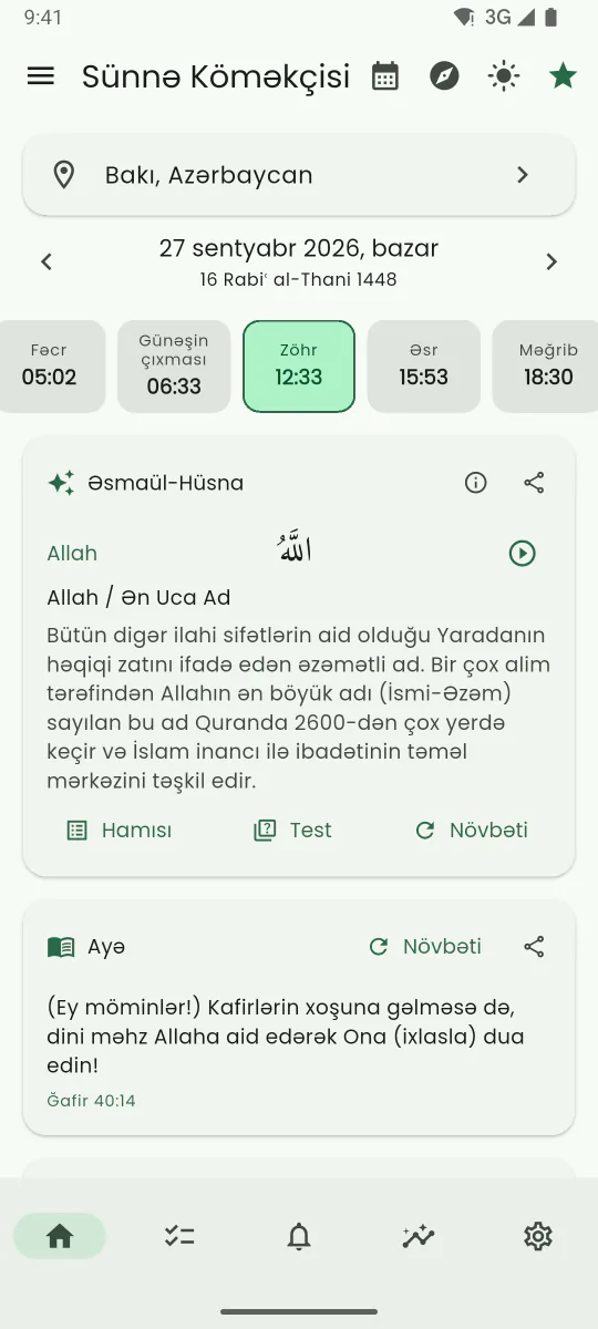 Sünnə Köməkçisinin ana ekranı: bugünkü namaz vaxtları, növbəti namaz seçilmiş halda