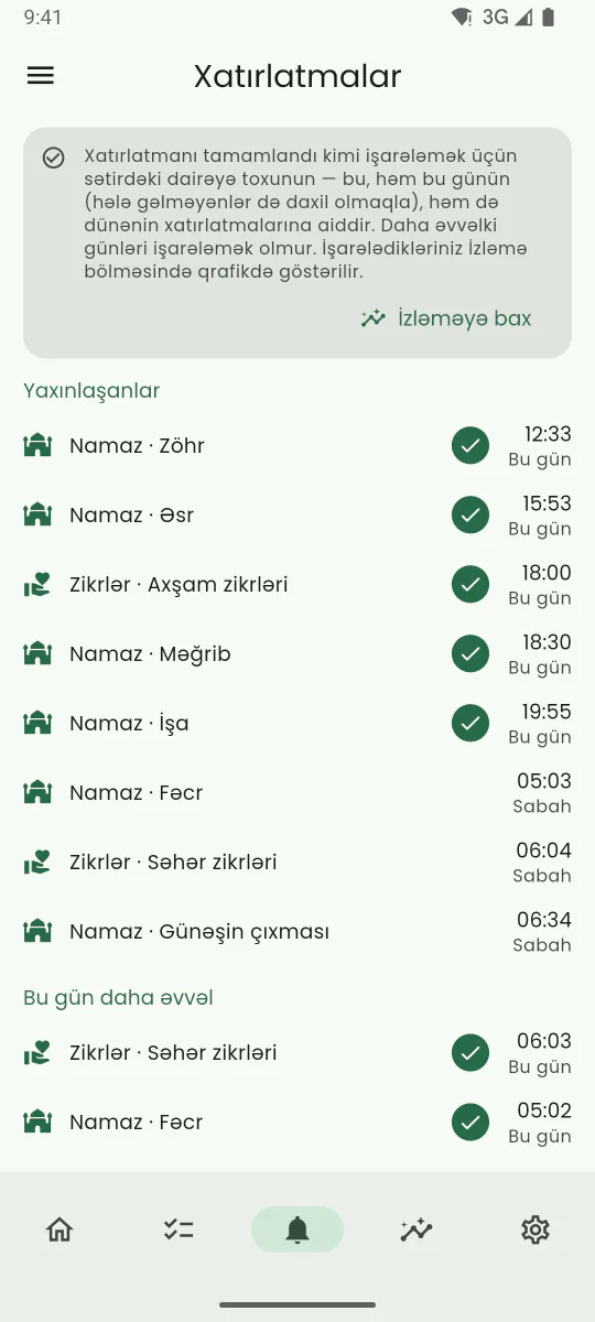 Sünnə ibadətlərini və onların növbəti xatırlatma vaxtlarını göstərən Xatırlatmalar bölməsi