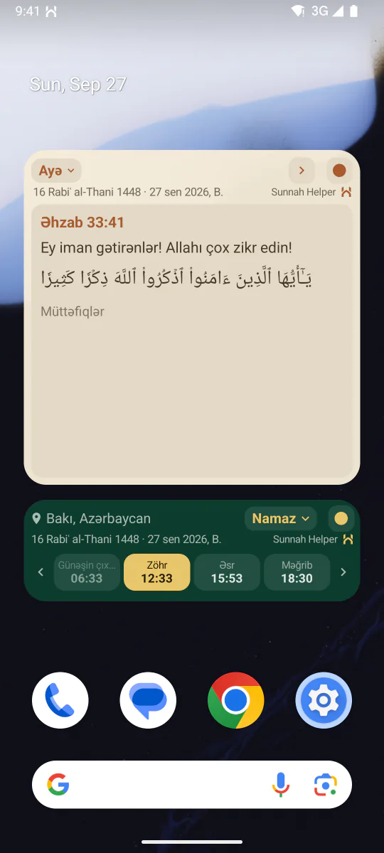 Ana ekran vidcetləri: növbəti Sünnə xatırlatmaları və gündəlik ayə kartı
