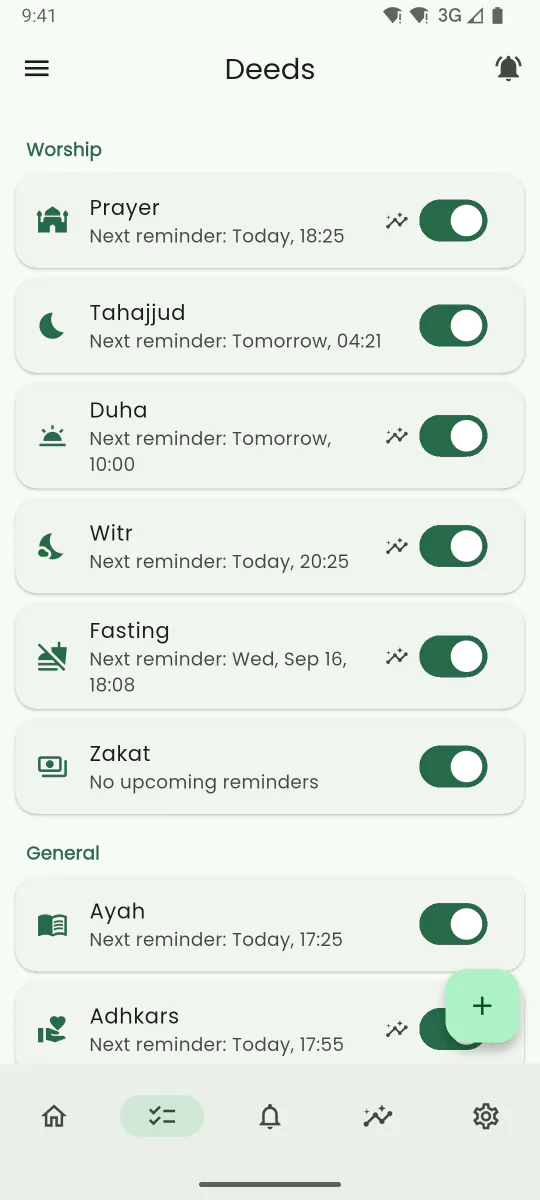 Deeds screen listing the 13 Sunnah deeds you can turn into reminders