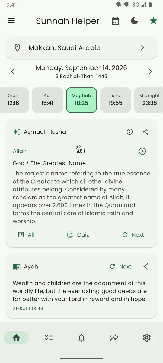 Home screen of Sunnah Helper showing today's prayer times with the next prayer highlighted