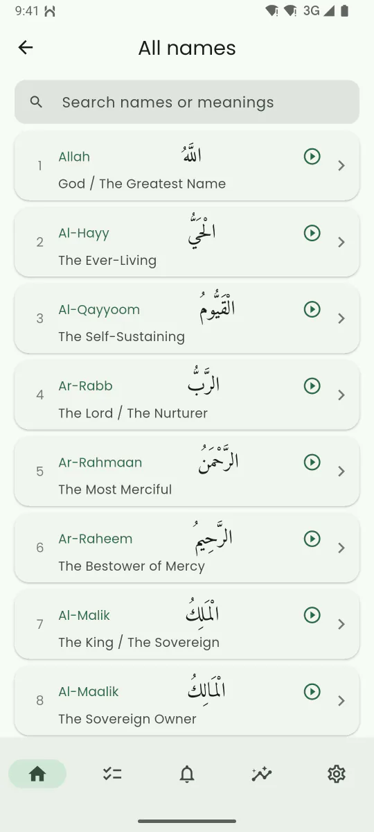 Names of Allah screen showing a name, its meaning and an explanation, with a play button for the recitation