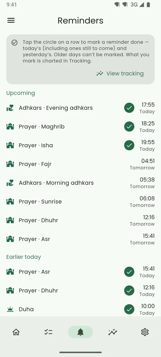 Reminders tab listing the 13 Sunnah deeds with their next reminder times