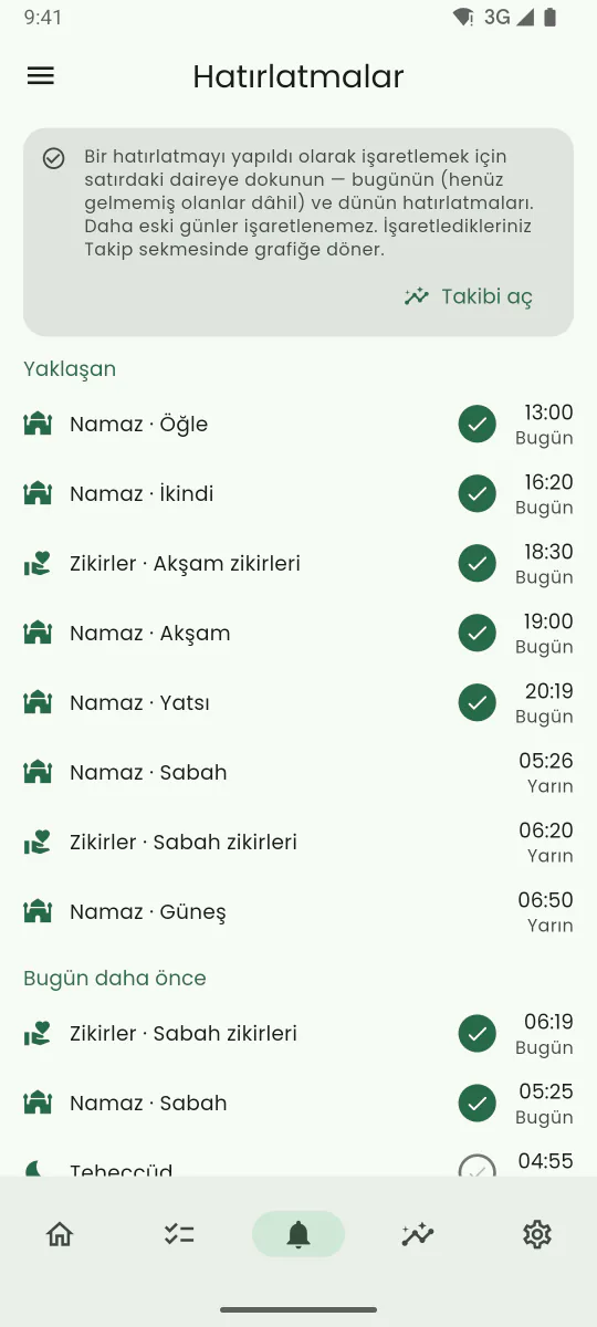 Sünnet ibadetlerini ve bir sonraki hatırlatma vakitlerini listeleyen Hatırlatmalar sekmesi