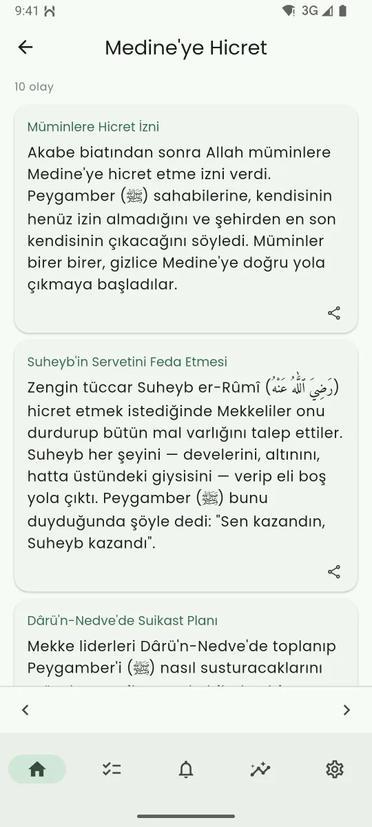 Medine'ye hicret bölümünü olay olay anlatan Peygamberimizin ﷺ Hayatı ekranı