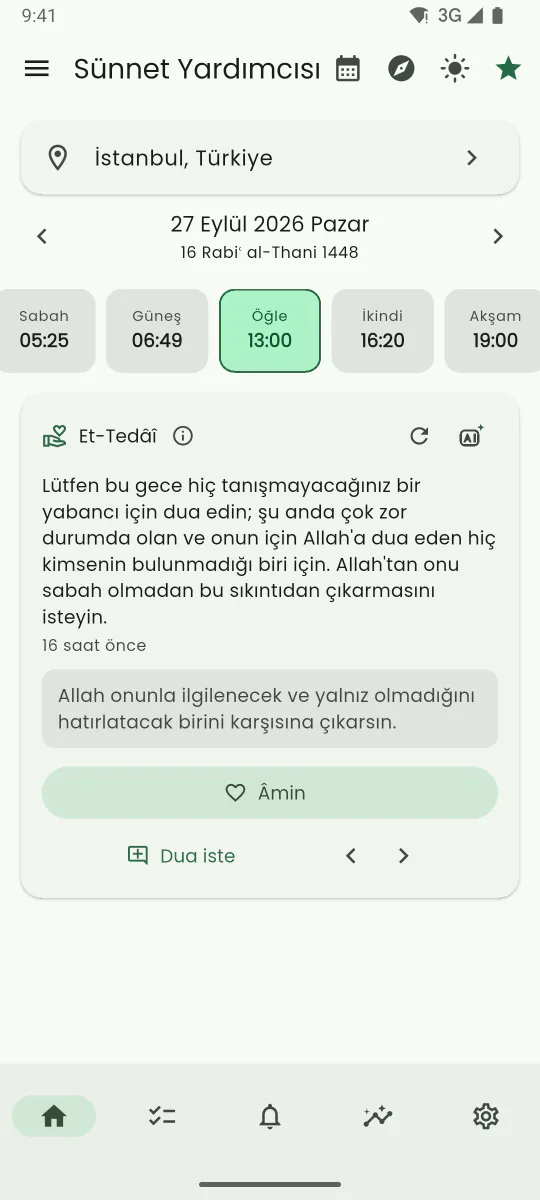 Et-Tedâî dua duvarı ekranı: Türkçeye çevrilmiş bir dua isteği ve Âmin düğmesi