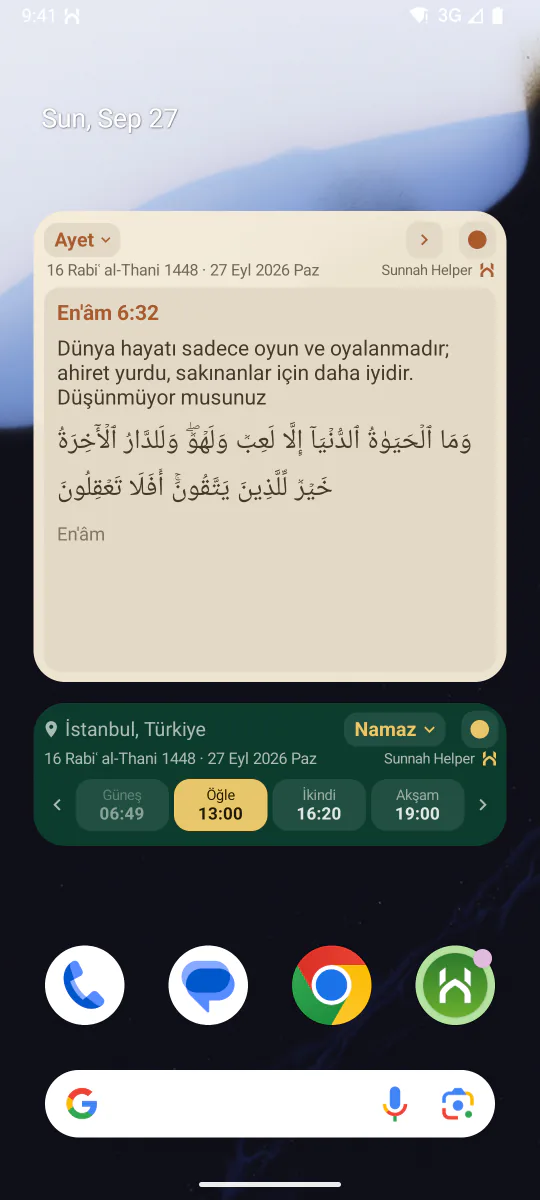 Ana ekran widget'ları: sıradaki sünnet hatırlatmaları ve günlük ayet kartı